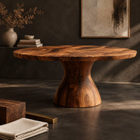 Corner detail of round dining table with an hourglass pedestal base beside wood, brass and linen samples