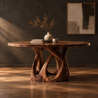 Round dining table on an open base of interlaced curves in a dark studio against a charcoal plaster wall