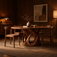 Round dining table on an open base of interlaced curves in an evening dining room with walnut wall paneling