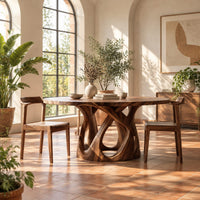Round dining table on an open base of interlaced curves in a bright dining room with arched windows and plants