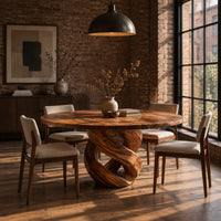 Round dining table with a twisted loop pedestal base in an industrial loft dining room with exposed brick