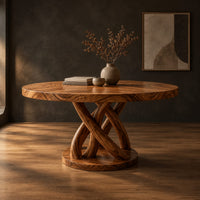Round dining table with an interwoven wood loop base in a dark studio against a charcoal plaster wall