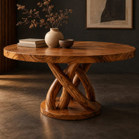 Corner detail of round dining table with an interwoven wood loop base beside wood, brass and linen samples