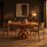 Round dining table with an interwoven wood loop base in a dark dining room at golden hour
