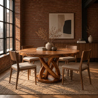 Round dining table with an interwoven wood loop base in an industrial loft dining room with exposed brick