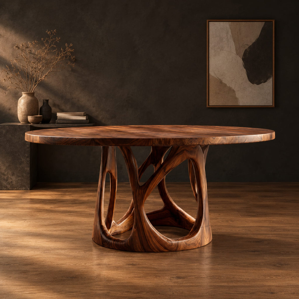 Circular dining table with an openwork branch pedestal base in a dark studio against a charcoal plaster wall