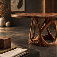 Corner detail of circular dining table with an openwork branch pedestal base beside wood, brass and linen samples