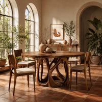 Circular dining table with an openwork branch pedestal base in a bright dining room with arched windows and plants