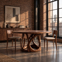 Circular dining table with an openwork branch pedestal base in an industrial loft dining room with exposed brick