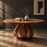 Round dining table on a petal shaped pedestal with a low disc foot, three-quarter view showing the grain