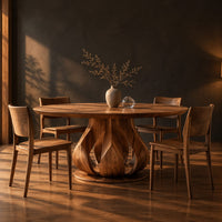 Round dining table on a petal shaped pedestal with a low disc foot in a dark dining room at golden hour