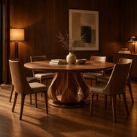 Round dining table on a petal shaped pedestal with a low disc foot in an evening dining room with walnut wall paneling