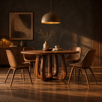 Round dining table with a thick pedestal base of arched wooden loops in a dark dining room at golden hour