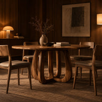 Round dining table with a thick pedestal base of arched wooden loops in an evening dining room with walnut wall paneling