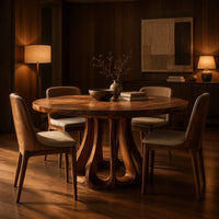 Round dining table with a flared pedestal base cut with tall arched openings in an evening dining room with walnut wall paneling