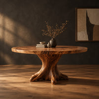 Circular dining table with a root shaped pedestal base in a dark studio against a charcoal plaster wall