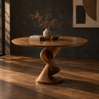 Circular dining table with a twisted pedestal base on a disc foot, three-quarter view showing the grain