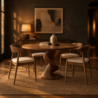 Circular dining table with a twisted pedestal base on a disc foot in a dark dining room at golden hour