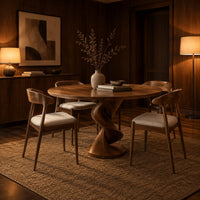 Circular dining table with a twisted pedestal base on a disc foot in an evening dining room with walnut wall paneling
