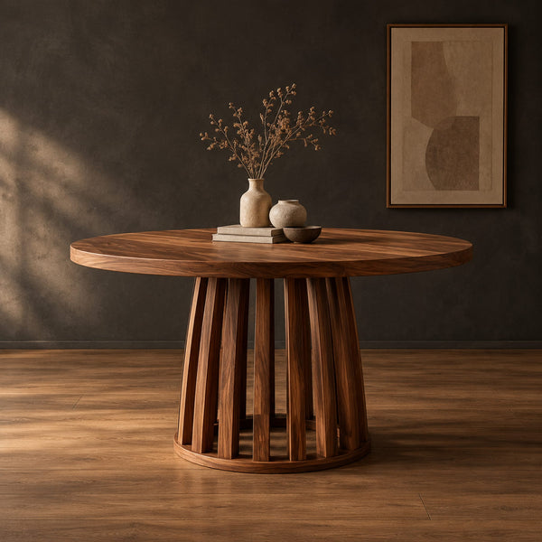Round Dining Table With Slatted Drum Pedestal Base