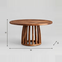Round Dining Table With Slatted Drum Pedestal Base dimension diagram with width, height and depth