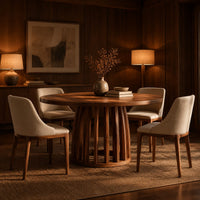 Circular dining table with a slatted drum pedestal base in an evening dining room with walnut wall paneling