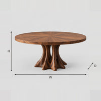 Round Dining Table With Sunburst Top And Root Pedestal dimension diagram with width, height and depth