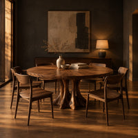 Round dining table with a radial grain top on a root like pedestal in a dark dining room at golden hour