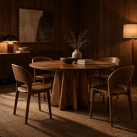 Round dining table with a sunburst grain top and a faceted star pedestal in an evening dining room with walnut wall paneling