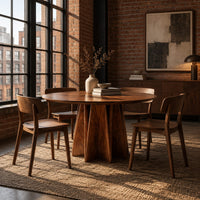 Round dining table with a sunburst grain top and a faceted star pedestal in an industrial loft dining room with exposed brick