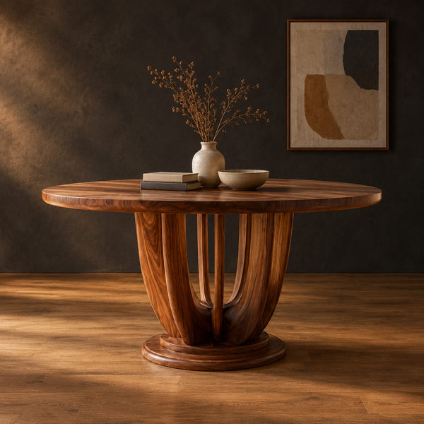 Round Dining Table With Tall Arched Blade Pedestal
