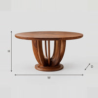 Round Dining Table With Tall Arched Blade Pedestal dimension diagram with width, height and depth