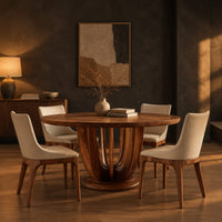 Round dining table on a pedestal of tall arched wooden slats in a dark dining room at golden hour