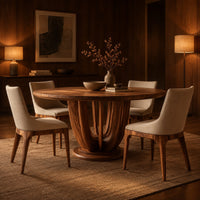 Round dining table on a pedestal of tall arched wooden slats in an evening dining room with walnut wall paneling