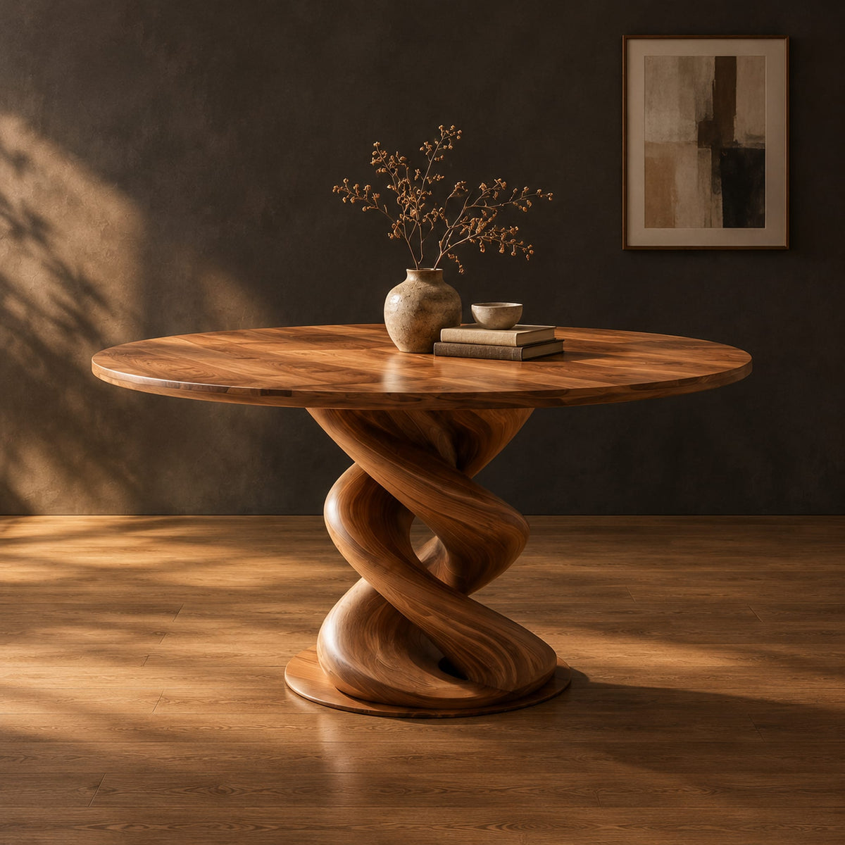 Round dining table with a twisted spiral pedestal and a flat disc foot in a dark studio against a charcoal plaster wall