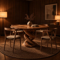 Round dining table with a twisted spiral pedestal and a flat disc foot in an evening dining room with walnut wall paneling