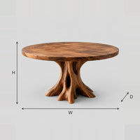 Round Dining Table With Tree Trunk Pedestal And Open Hollow dimension diagram with width, height and depth