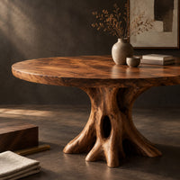 Corner detail of circular dining table on a hollow tree trunk pedestal with spreading roots beside wood, brass and linen samples