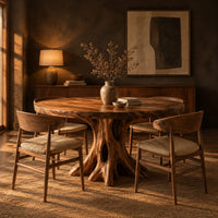 Circular dining table on a hollow tree trunk pedestal with spreading roots in a dark dining room at golden hour