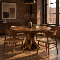 Circular dining table on a hollow tree trunk pedestal with spreading roots in an industrial loft dining room with exposed brick