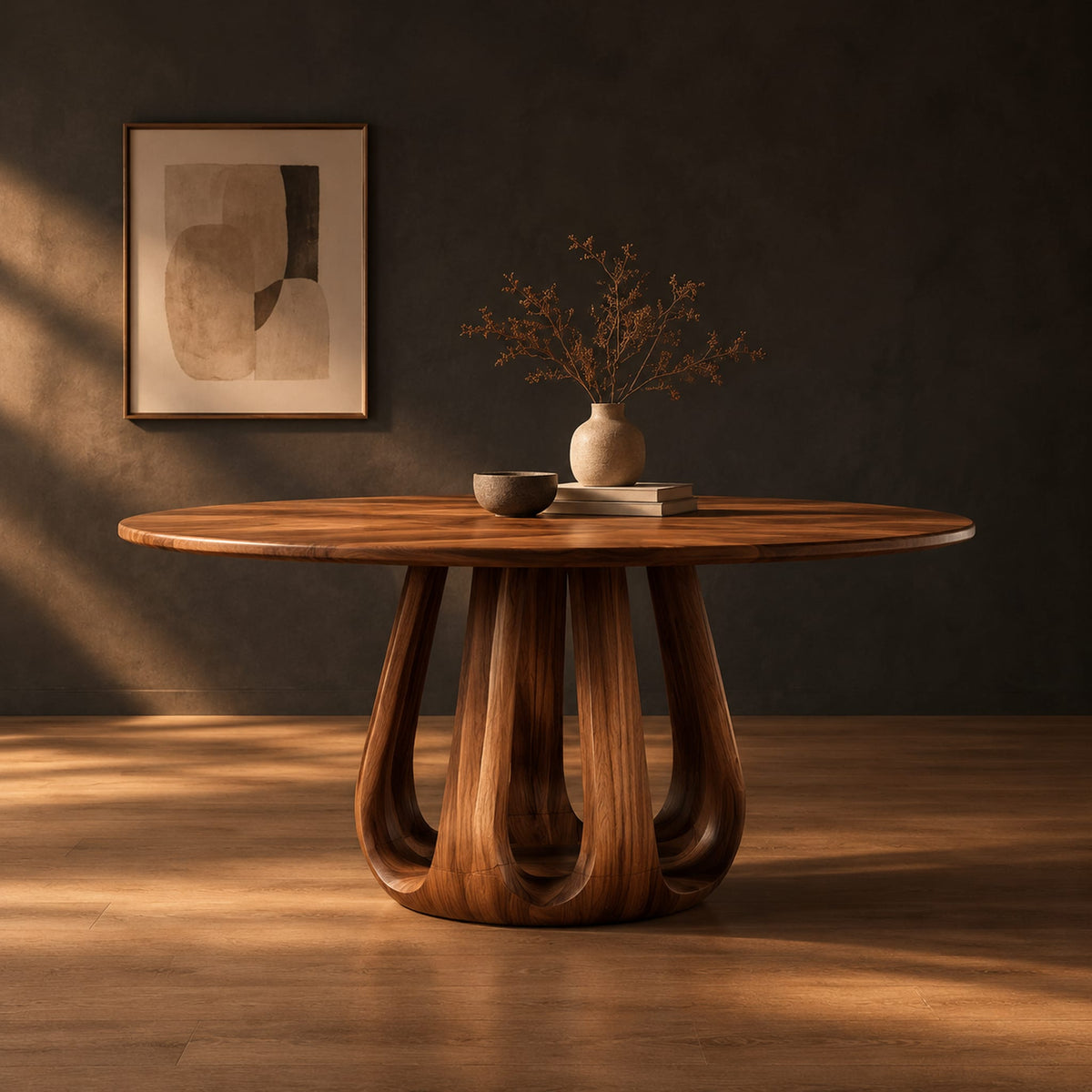 Circular dining table on a tulip shaped ring of arched legs in a dark studio against a charcoal plaster wall