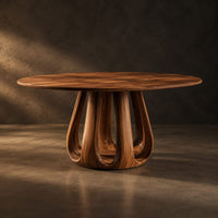 Circular dining table on a tulip shaped ring of arched legs, three-quarter view showing the grain