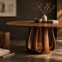 Corner detail of circular dining table on a tulip shaped ring of arched legs beside wood, brass and linen samples