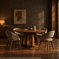 Circular dining table on a tulip shaped ring of arched legs in a dark dining room at golden hour