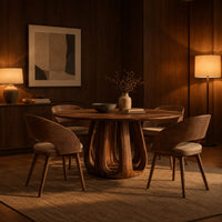Circular dining table on a tulip shaped ring of arched legs in an evening dining room with walnut wall paneling