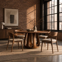 Circular dining table on a tulip shaped ring of arched legs in an industrial loft dining room with exposed brick