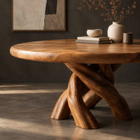 Corner detail of round dining table with a twisted branch pedestal base beside wood, brass and linen samples
