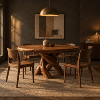 Round dining table with a twisted branch pedestal base in a dark dining room at golden hour