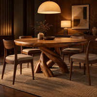 Round dining table with a twisted branch pedestal base in an evening dining room with walnut wall paneling