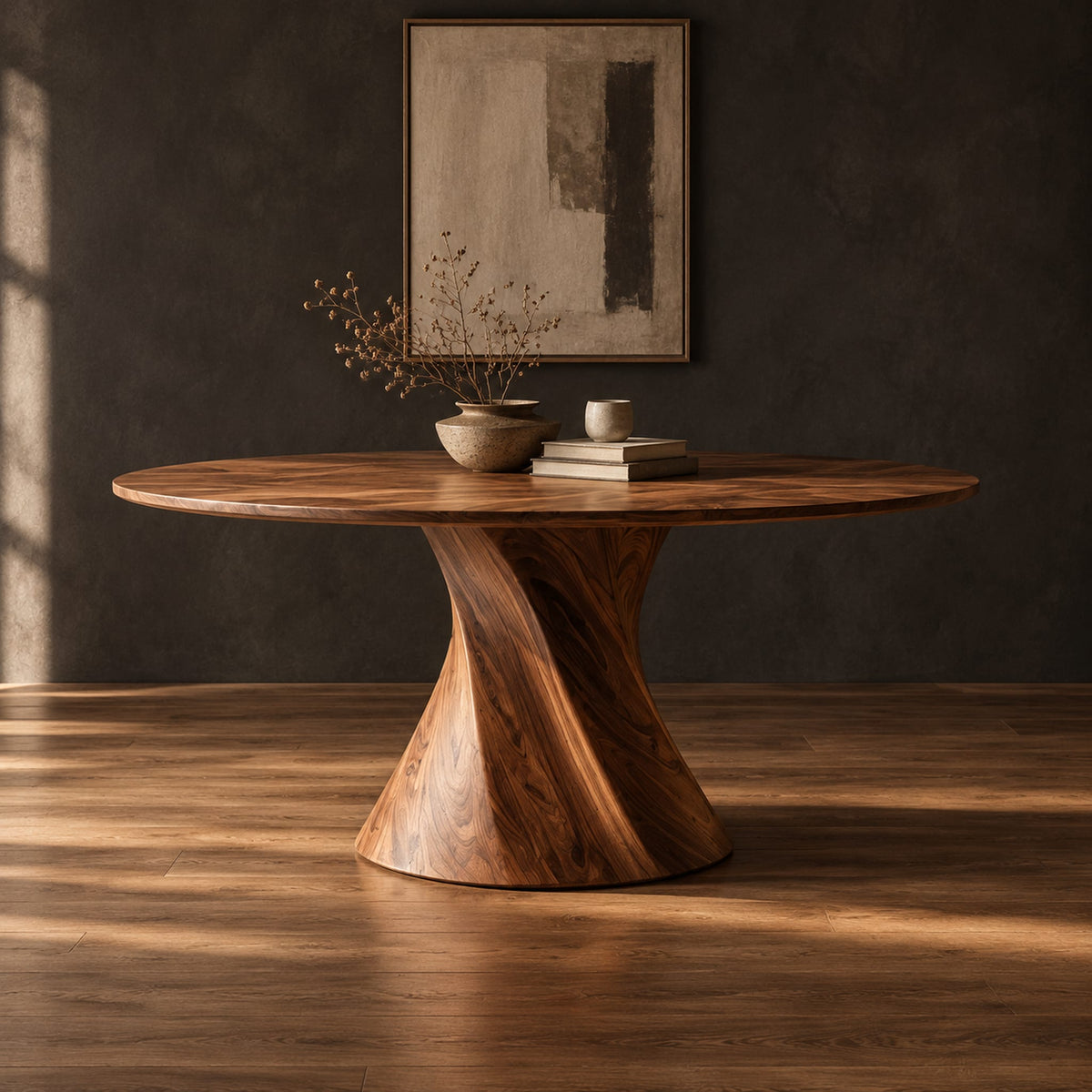 Round dining table with a twisted hourglass pedestal in a dark studio against a charcoal plaster wall